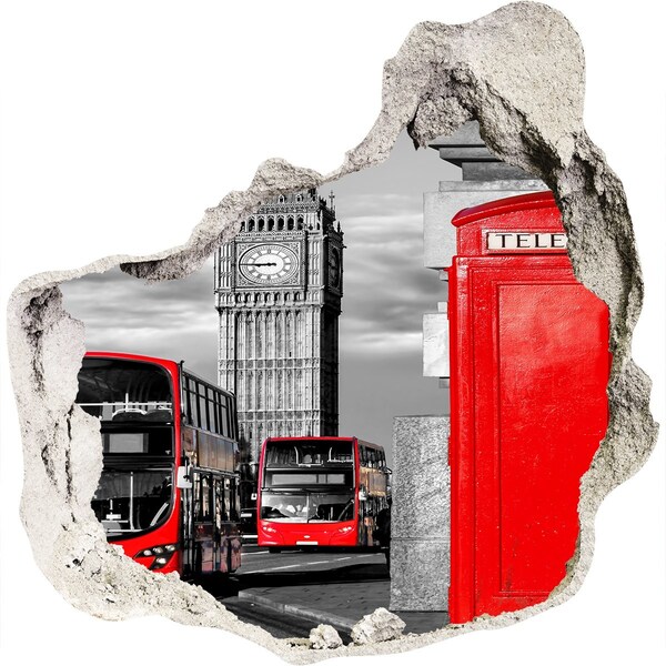 Hole in the wall decal London skyline with red buses