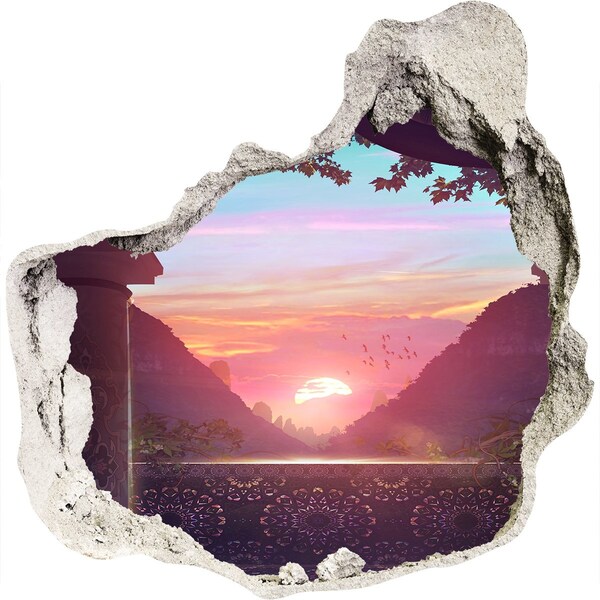 3D wall hole wallpaper Sunset in a mountain valley