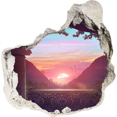 3D wall hole wallpaper Sunset in a mountain valley