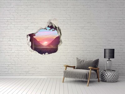 3D wall hole wallpaper Sunset in a mountain valley