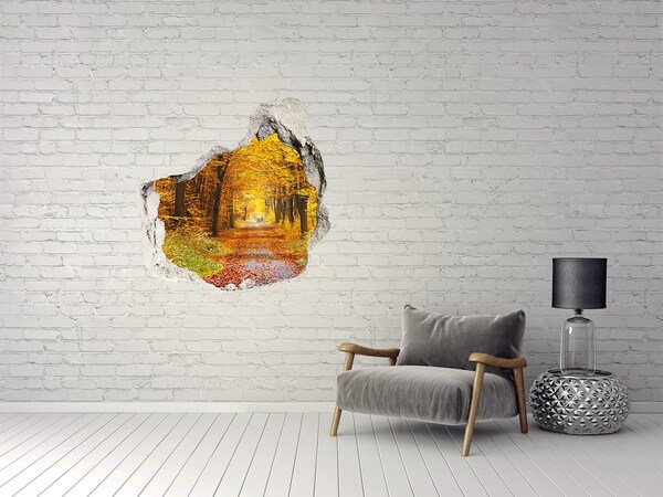 3D wall hole Autumn alley in the forest