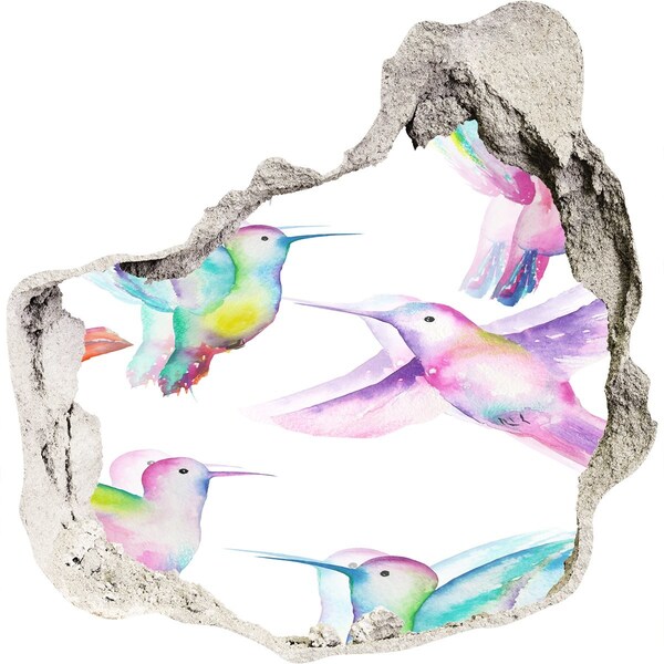 3D wall hole wallpaper Colorful hummingbirds in a hole in the wall