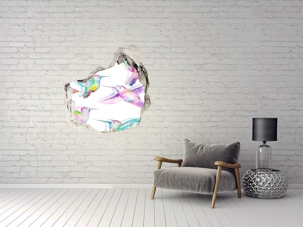 3D wall hole wallpaper Colorful hummingbirds in a hole in the wall