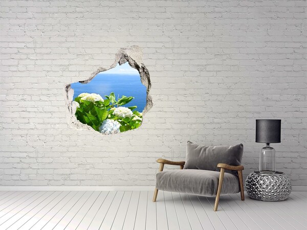 3D wall hole wallpaper View of the sea through a hole in the wall