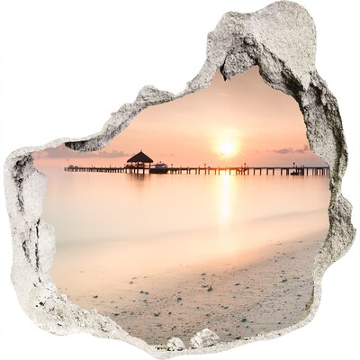 3D wall hole wallpaper Sunset over the pier