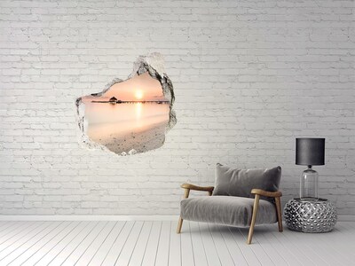 3D wall hole wallpaper Sunset over the pier