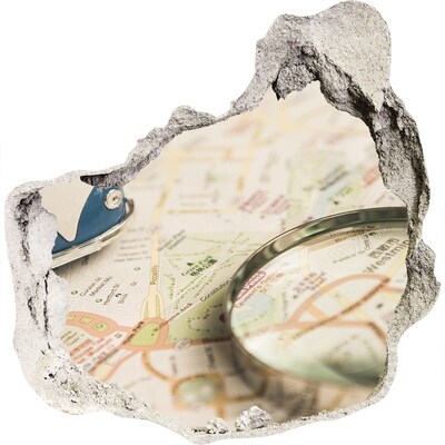 3D wall hole Map with magnifying glass in a hole in the wall