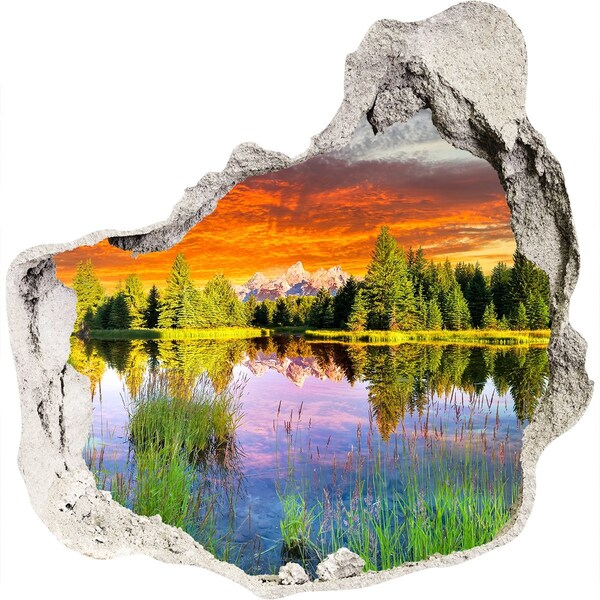 3D wall hole wallpaper Mountain landscape at sunset