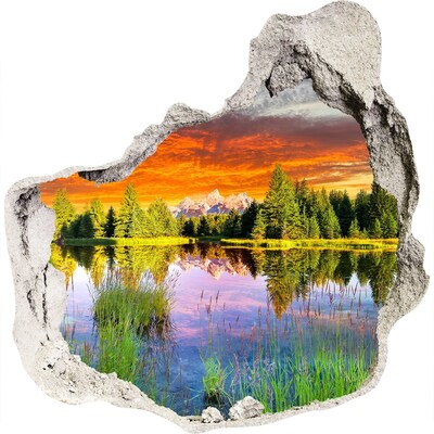 3D wall hole wallpaper Mountain landscape at sunset