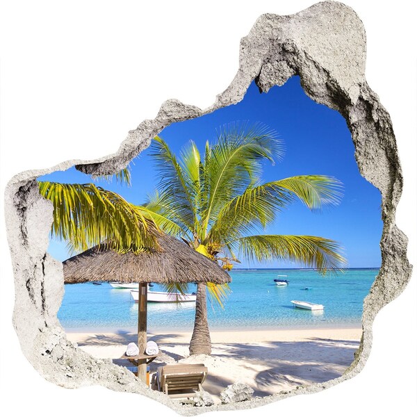 3D wall hole Tropical beach with palm trees