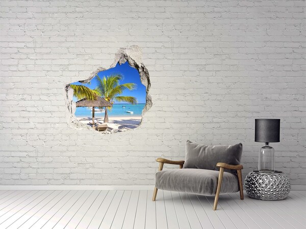 3D wall hole Tropical beach with palm trees