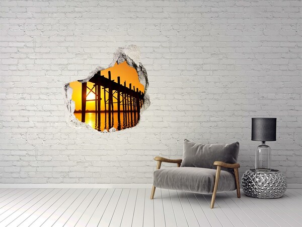 3D wall hole wallpaper Sunset over the pier