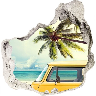 3D wall hole wallpaper Tropical oasis with a yellow car