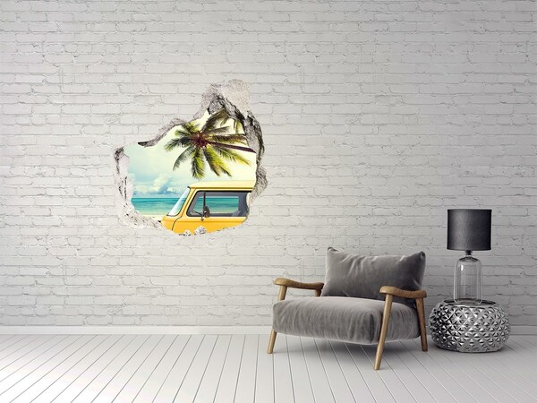 3D wall hole wallpaper Tropical oasis with a yellow car