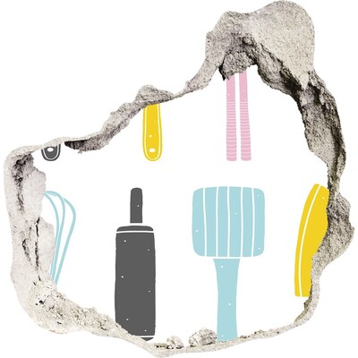 3D wall hole wallpaper Kitchen tools in a hole in the wall