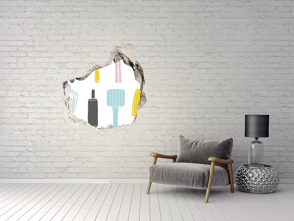 3D wall hole wallpaper Kitchen tools in a hole in the wall