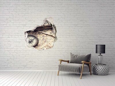 3D wall hole Ancient map with a compass