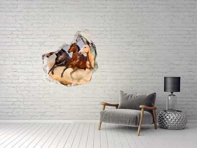 3D wall hole wallpaper Horses at gallop