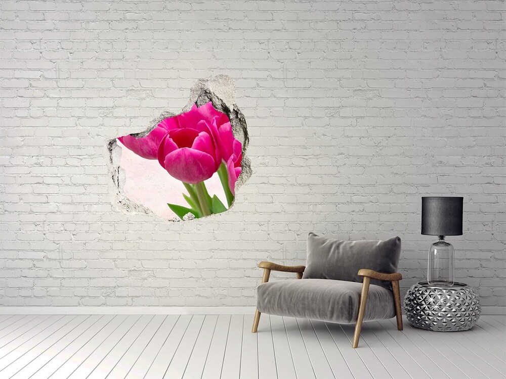 3D wall hole wallpaper Pink tulips