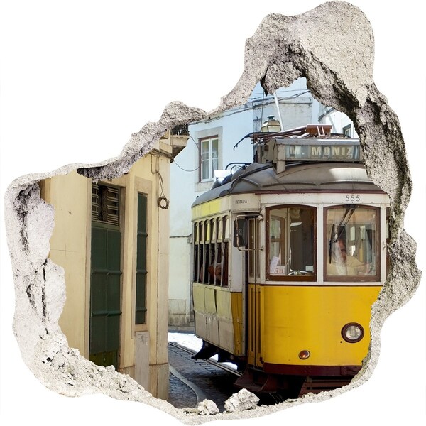 Hole wall sticker A yellow tram in a narrow street
