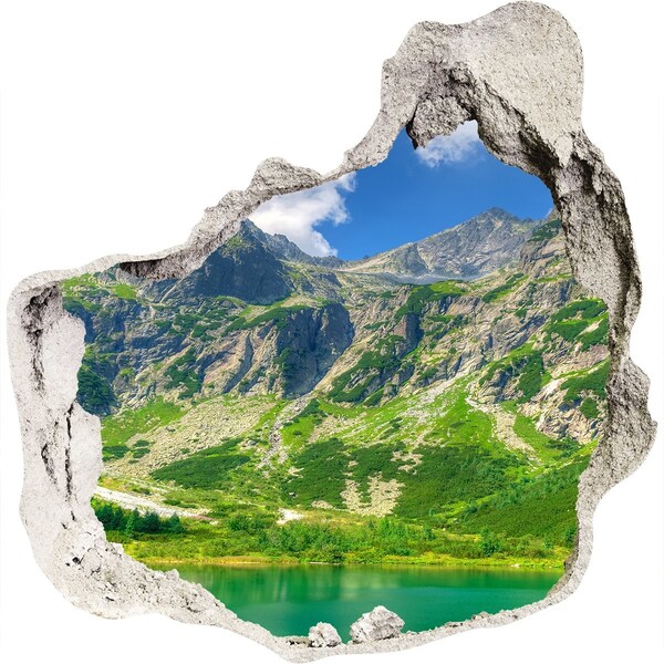 3D wall hole wallpaper Mountain panorama with a lake