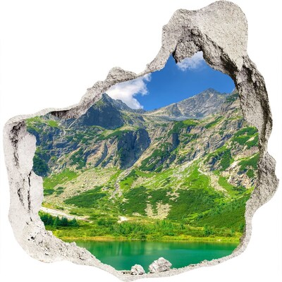 3D wall hole wallpaper Mountain panorama with a lake