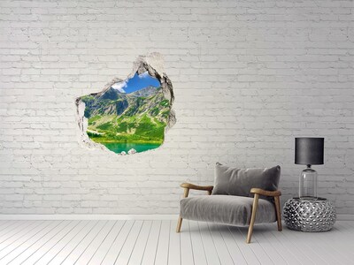 3D wall hole wallpaper Mountain panorama with a lake