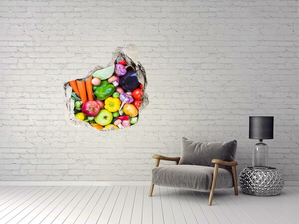 Hole in the wall sticker Colorful vegetables and fruits in a hole in the wall