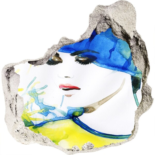 Hole in the wall decal Woman in a blue hat