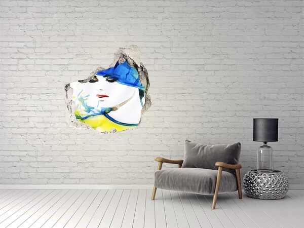 Hole in the wall decal Woman in a blue hat