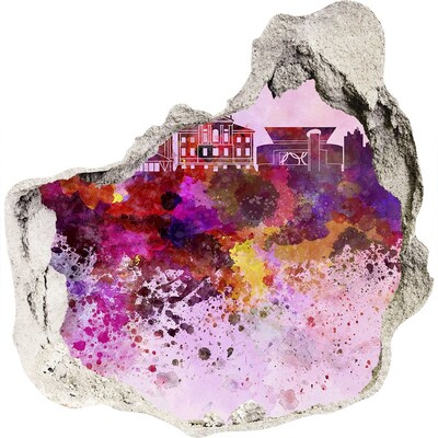 3D wall hole wallpaper Colorful view of the city