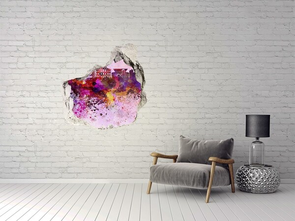 3D wall hole wallpaper Colorful view of the city