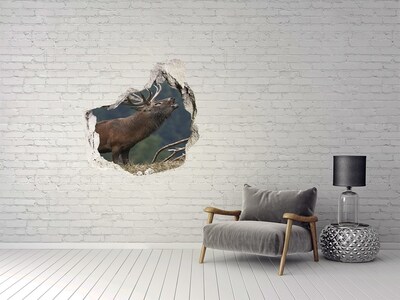 3D wall hole wallpaper Deer in a mountain landscape