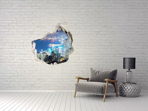 3D wall hole wallpaper View of the city at night