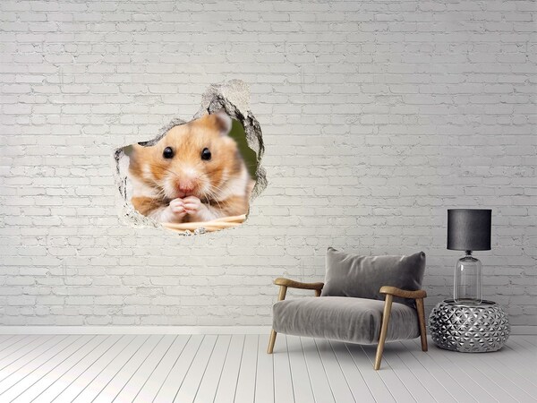 3D wall hole wallpaper Hamster in a transparent hole in the wall