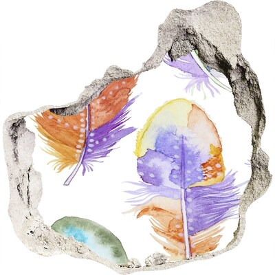 3D wall hole wallpaper Colorful feathers on the wall background