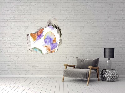 3D wall hole wallpaper Colorful feathers on the wall background