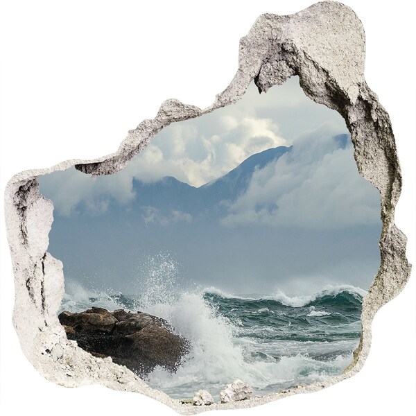 3D wall hole wallpaper Stormy Sea with Mountain Background
