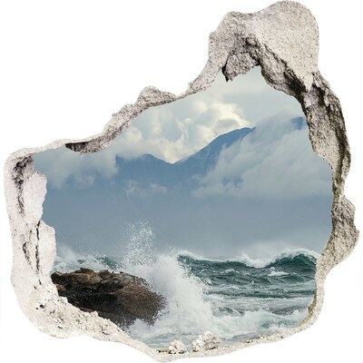 3D wall hole wallpaper Stormy Sea with Mountain Background