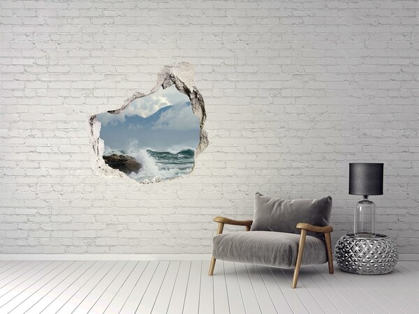 3D wall hole wallpaper Stormy Sea with Mountain Background
