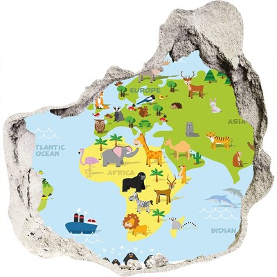 3D wall hole wallpaper Animal map of the world