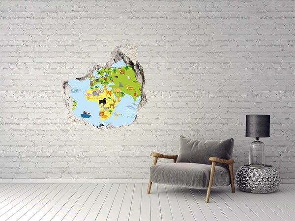 3D wall hole wallpaper Animal map of the world