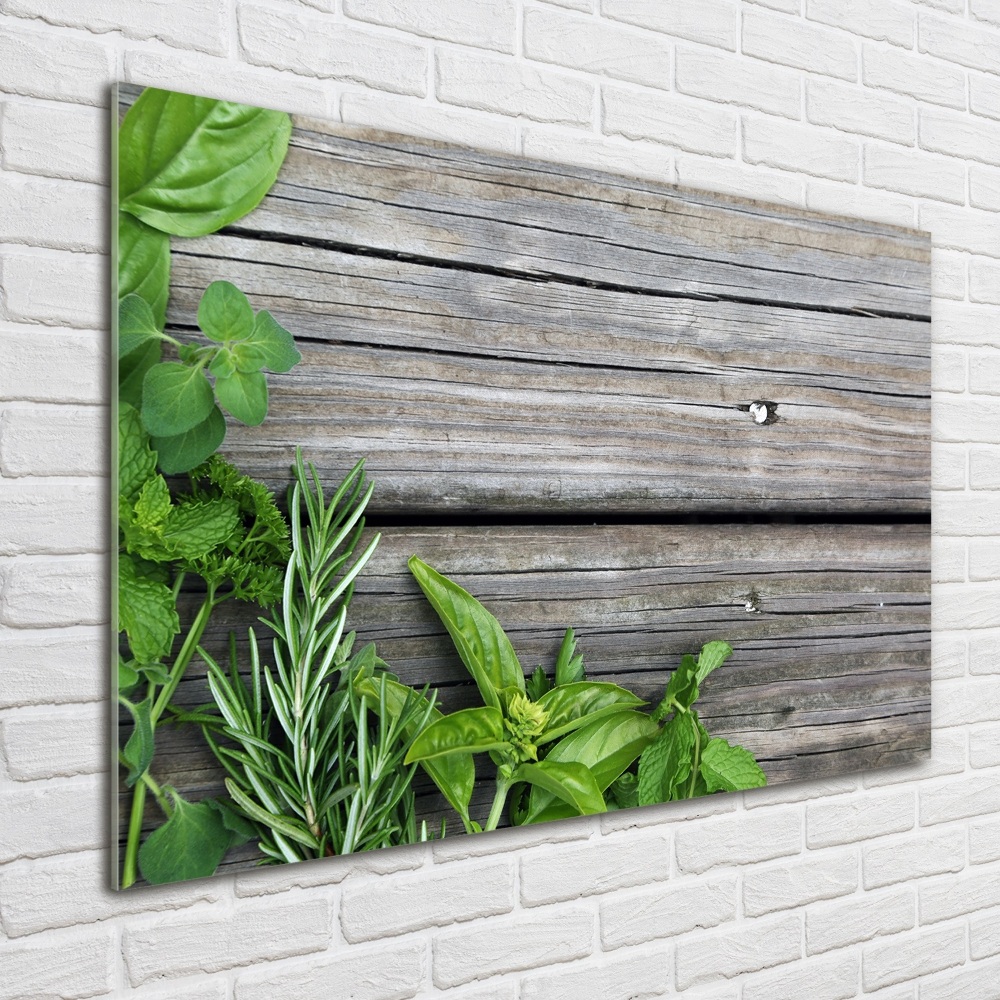 Acrylic wall art Wooden background herbs