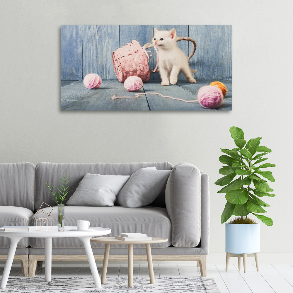 Canvas wall art White cat and skeins