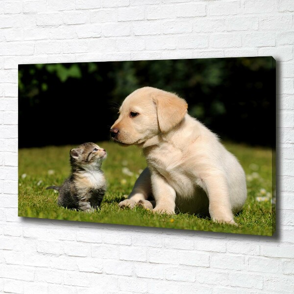 Canvas wall art A dog and a cat in the meadow