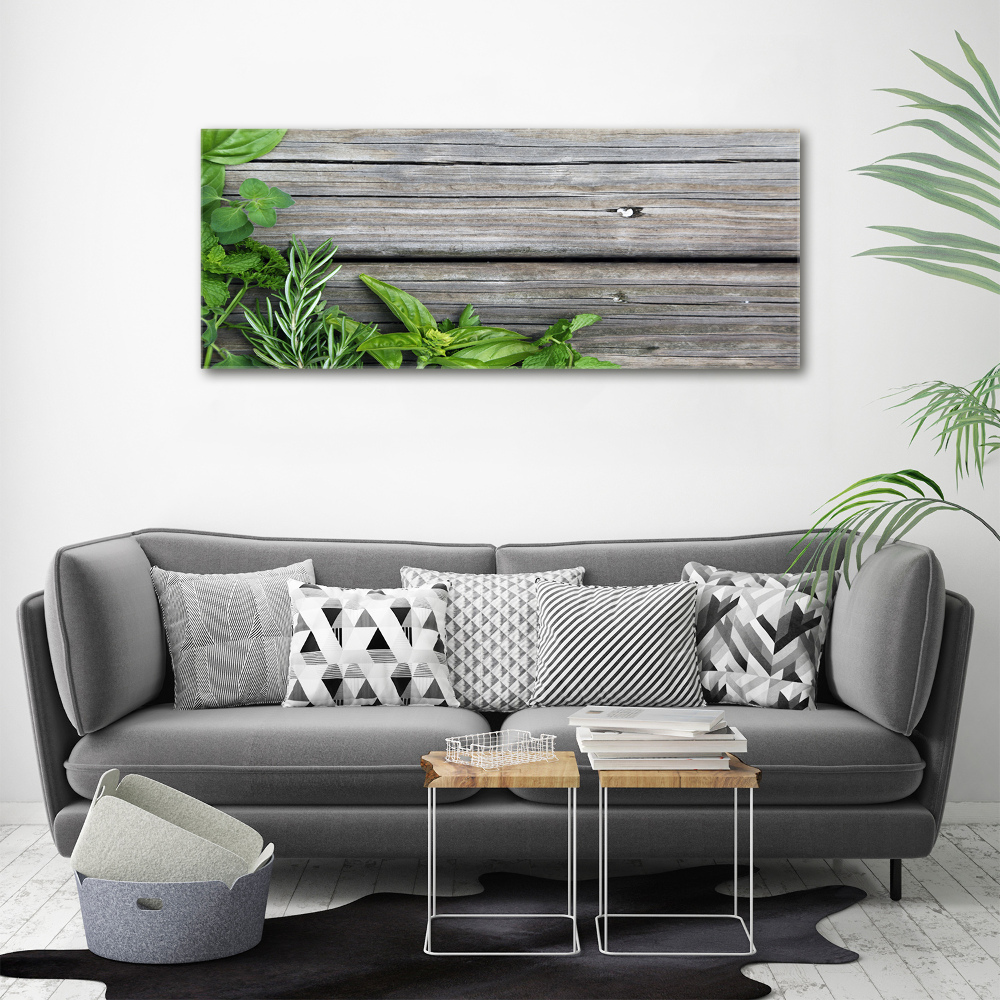 Canvas wall art Wooden background herbs