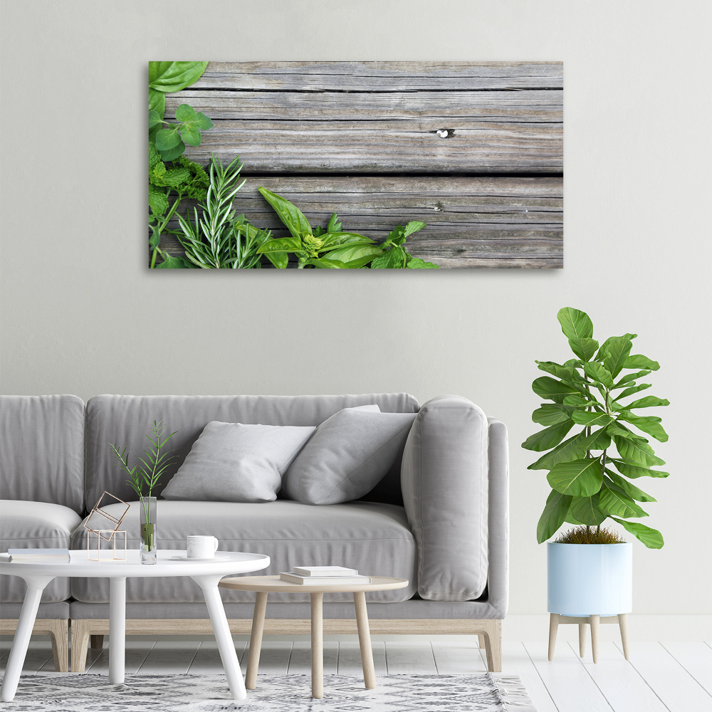 Canvas wall art Wooden background herbs