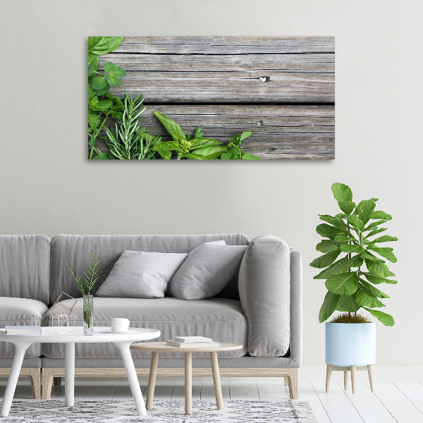 Canvas wall art Wooden background herbs