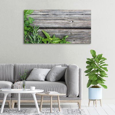 Canvas wall art Wooden background herbs