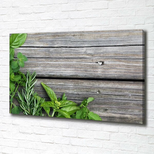 Canvas wall art Wooden background herbs